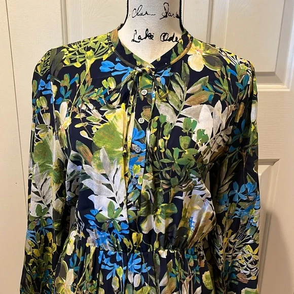 J. Crew silk ruffle hem long sleeve dress in watercolor floral sz Large - Picture 7 of 11